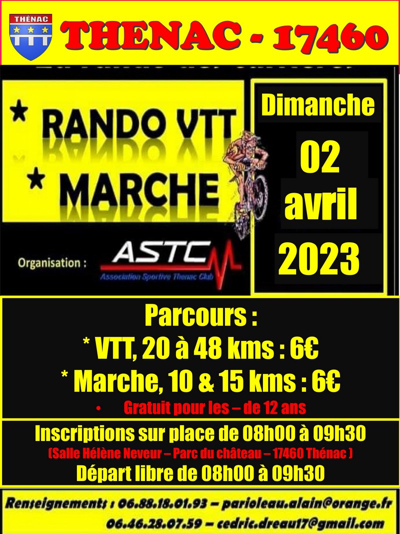 Affiche Rando VTT et marche 2 avril 2023 Thénac 17