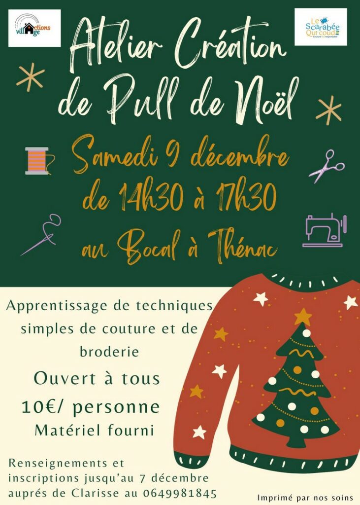 Affiche atelier couture 9 décembre Thénac 17